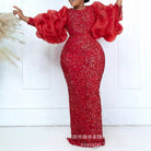 Women's plus size red sequin puff sleeve mermaid evening gown