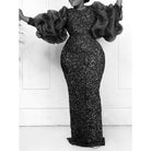 Women's plus size red sequin puff sleeve mermaid evening gown, view 3