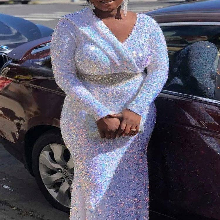 Women's plus size sequin V-neck long sleeve fishtail maxi dress