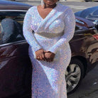 Women's plus size sequin V-neck long sleeve fishtail maxi dress, view 2