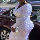 Women's plus size sequin V-neck long sleeve fishtail maxi dress, view 3