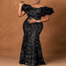 Women's plus size black sequin wrap front maxi evening gown
