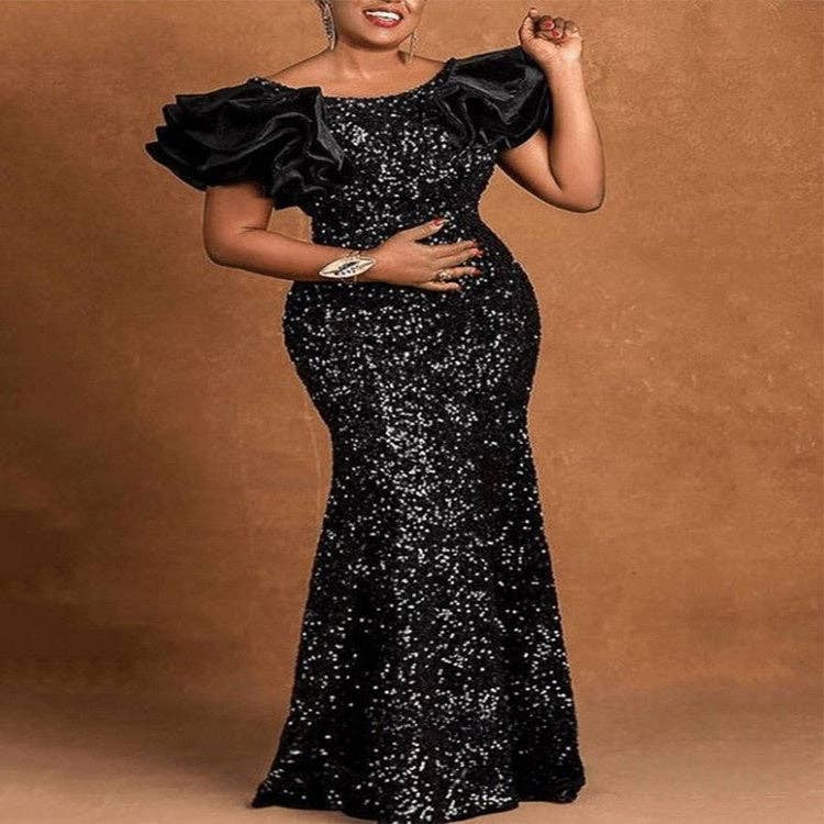 Women's plus size black sequin wrap front maxi evening gown, view 2