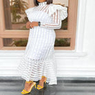 Women's plus size white striped satin long sleeve fishtail maxi dress