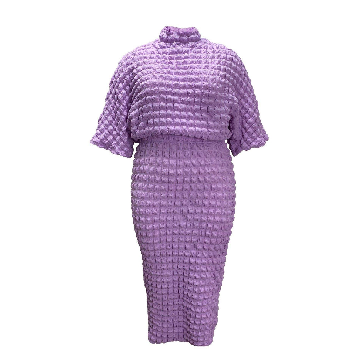 Women's plus size blue textured batwing top and high-waist skirt set, view 3
