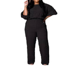 Women's plus size violet three-quarter sleeve top and wide-leg pants set, view 3