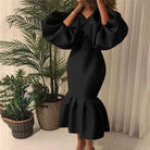 Women's plus size black V-neck bishop sleeve bodycon maxi dress