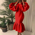 Women's plus size black V-neck bishop sleeve bodycon maxi dress, view 4