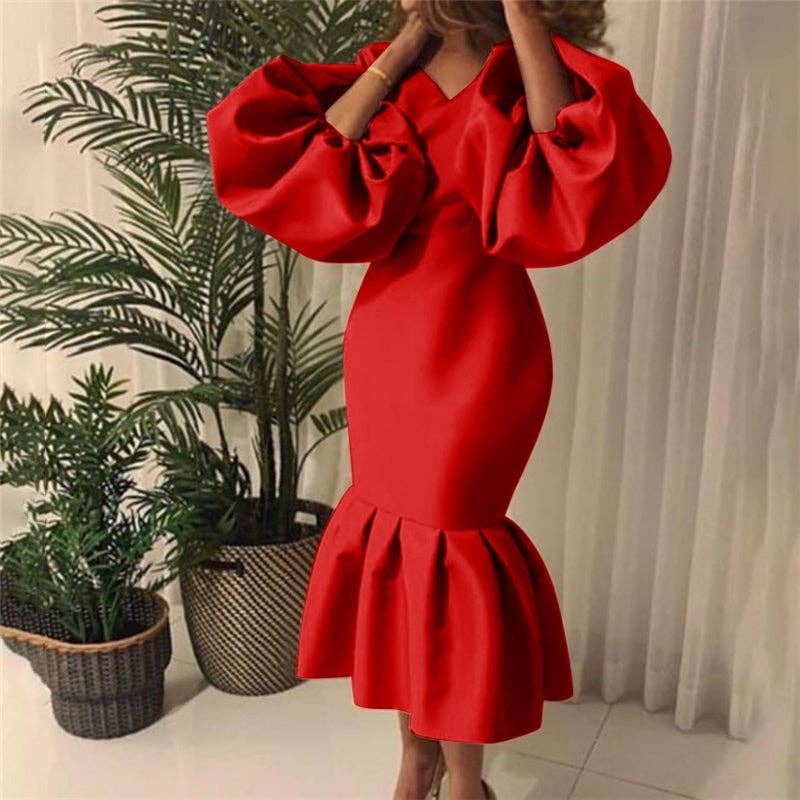Women's plus size black V-neck bishop sleeve bodycon maxi dress, view 4
