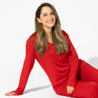 Women's winterberry red bamboo snap-front pajama set with jogger pants