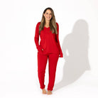 Women's winterberry red bamboo snap-front pajama set with jogger pants
