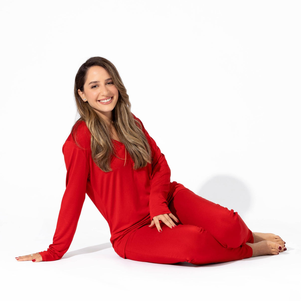 Women's winterberry red bamboo snap-front pajama set with jogger pants