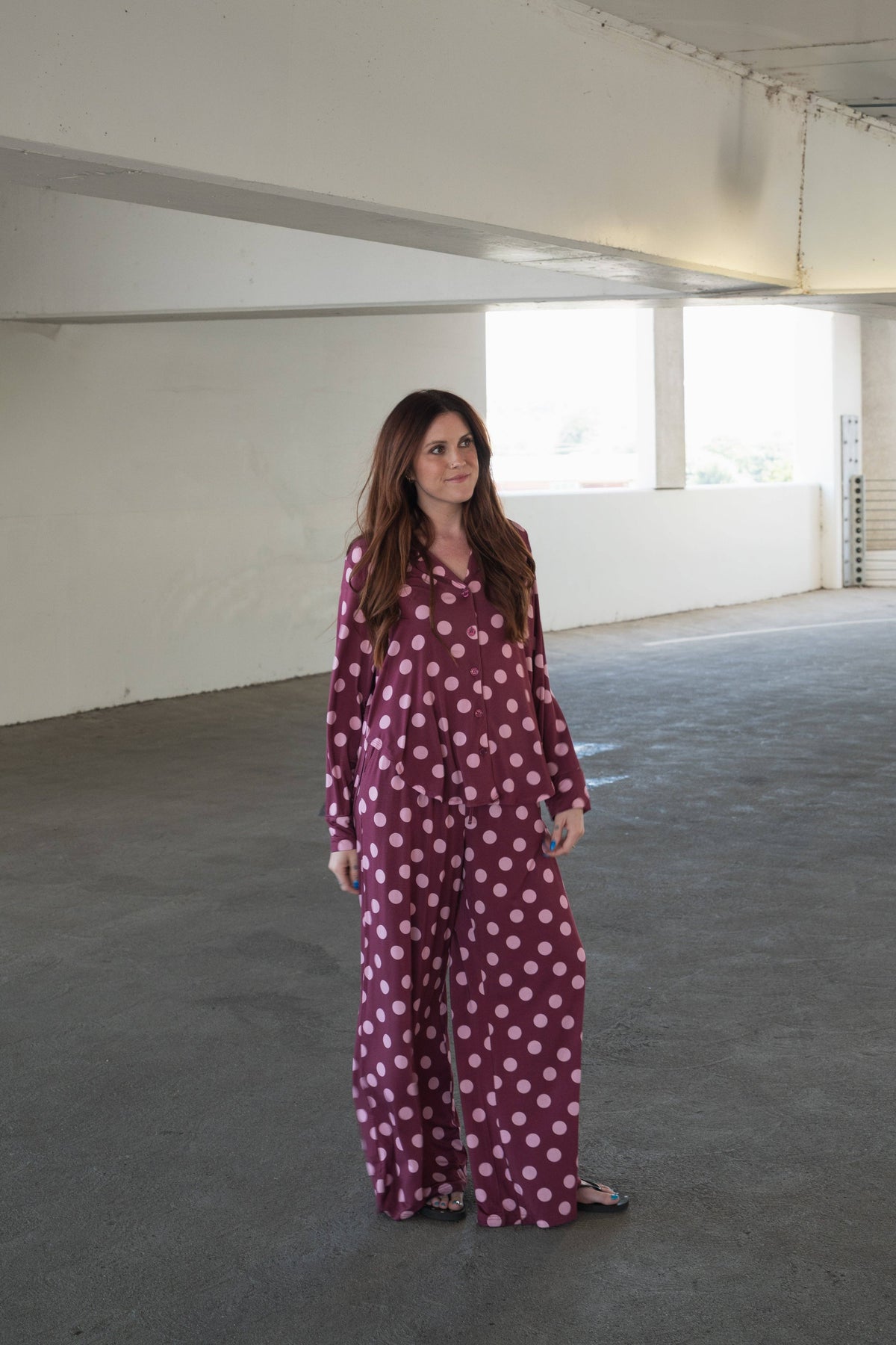 Women's heather rose polka dot bamboo button-up pajama set – view 2