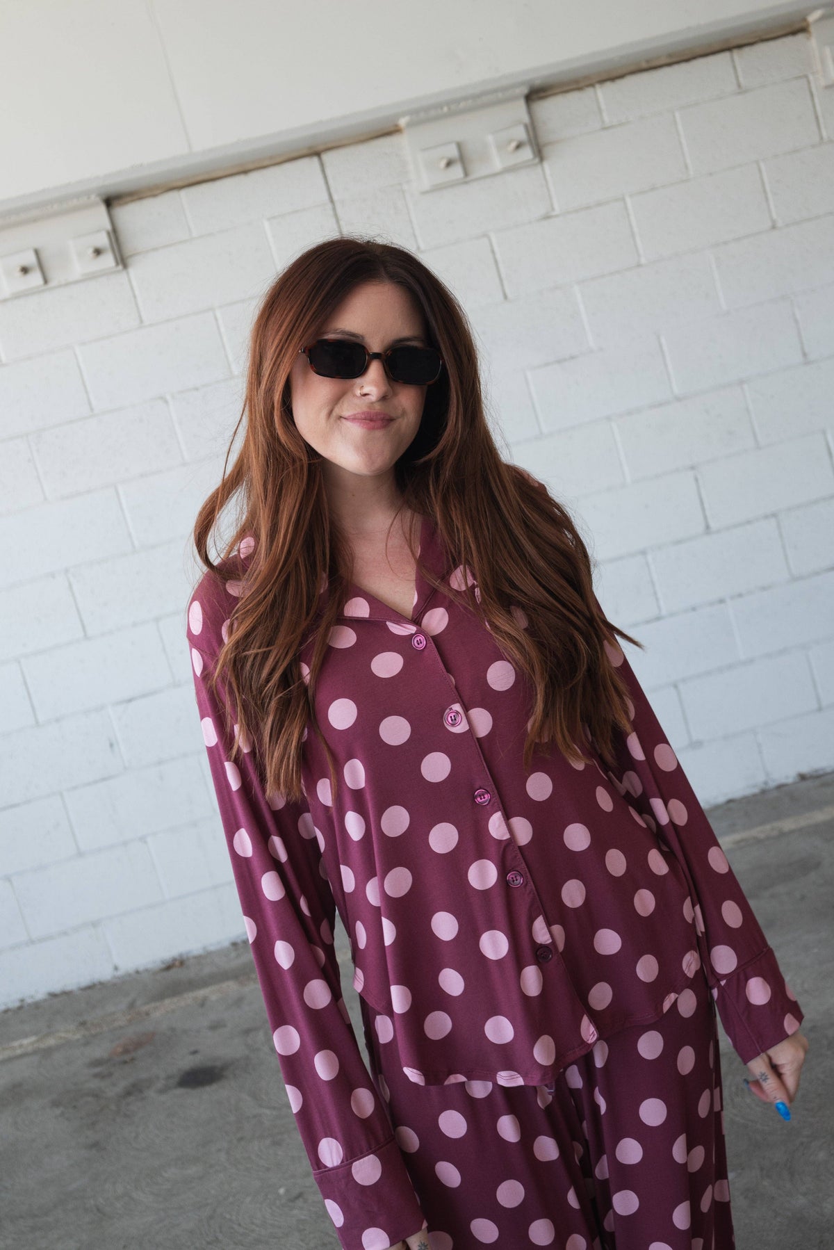 Women's heather rose polka dot bamboo button-up pajama set – view 4