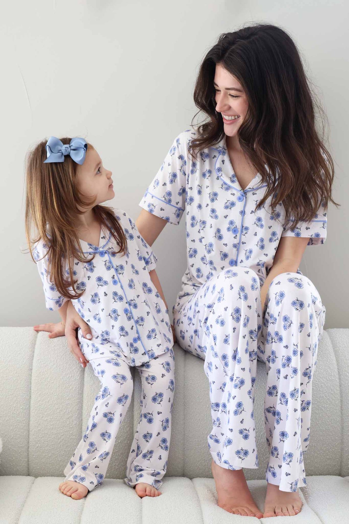 Women's sapphire blue floral bamboo short-sleeve pajama set with flare pants