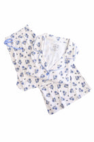 Women's sapphire blue floral bamboo short-sleeve pajama set with flare pants