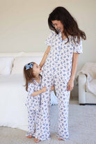 Women's sapphire blue floral bamboo short-sleeve pajama set with flare pants