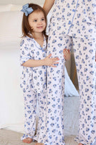 Women's sapphire blue floral bamboo short-sleeve pajama set with flare pants