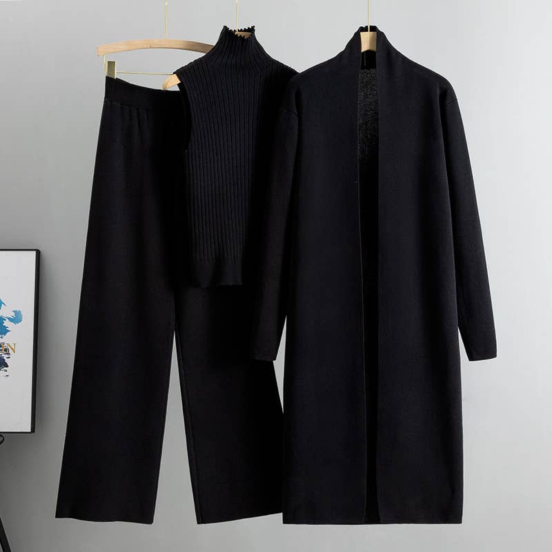 Women's black knit three-piece set with vest, long cardigan and pants – front view