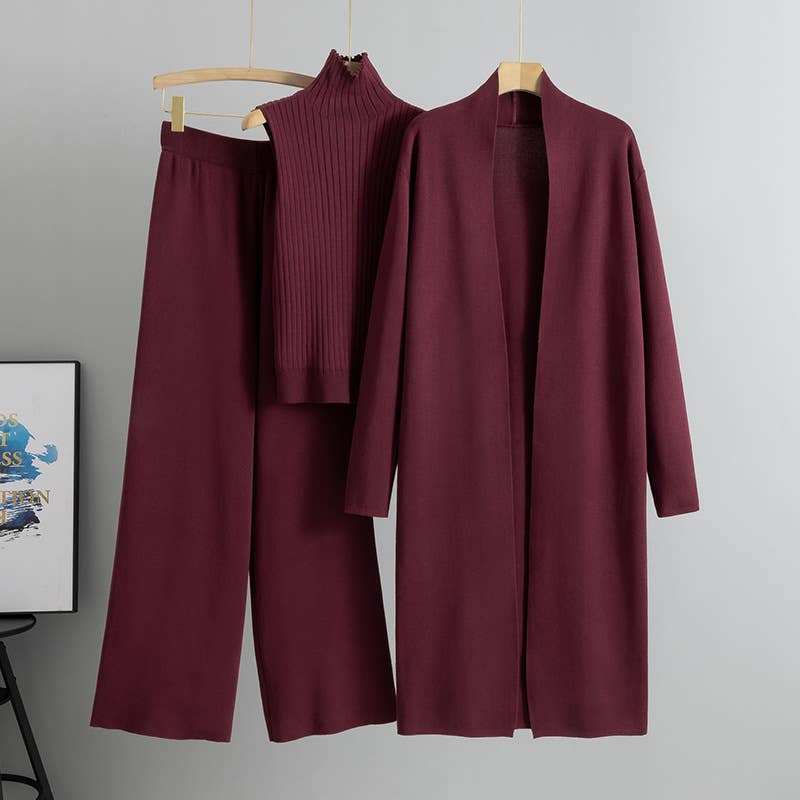 Women's black knit three-piece set with vest, long cardigan and pants – view 4