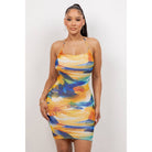 Women's blue and yellow abstract print mesh cowl halter mini dress with cut-out waist – photo 1