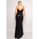 Women's black art deco sequin deep V front slit maxi dress