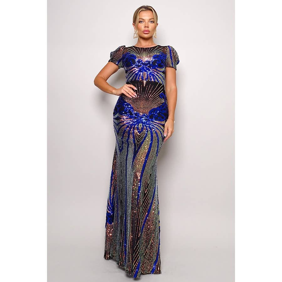 Women's royal blue art deco sequin puff sleeve maxi gown