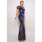 Women's royal blue art deco sequin puff sleeve maxi gown