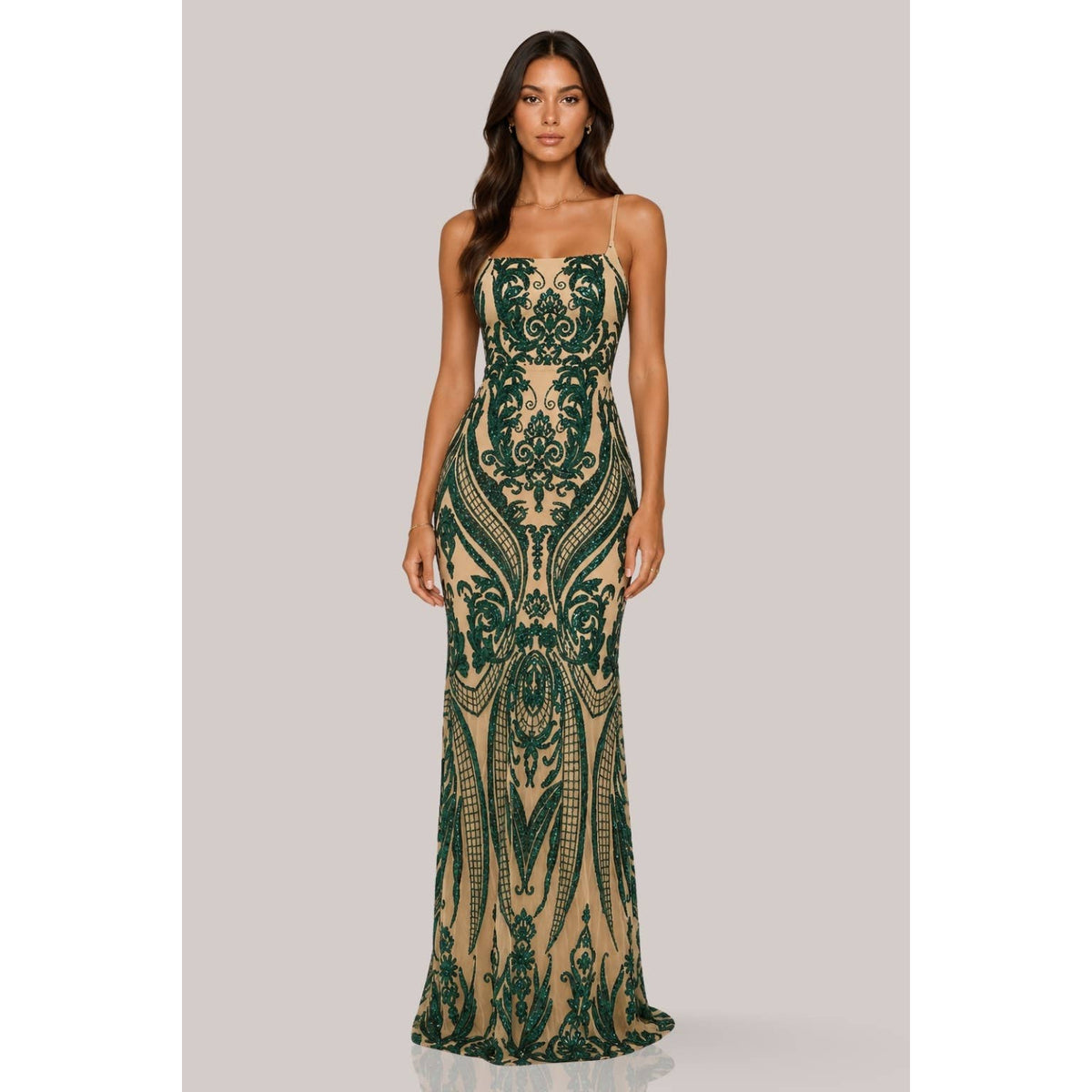 Women's hunter green art deco sequin square neck maxi dress