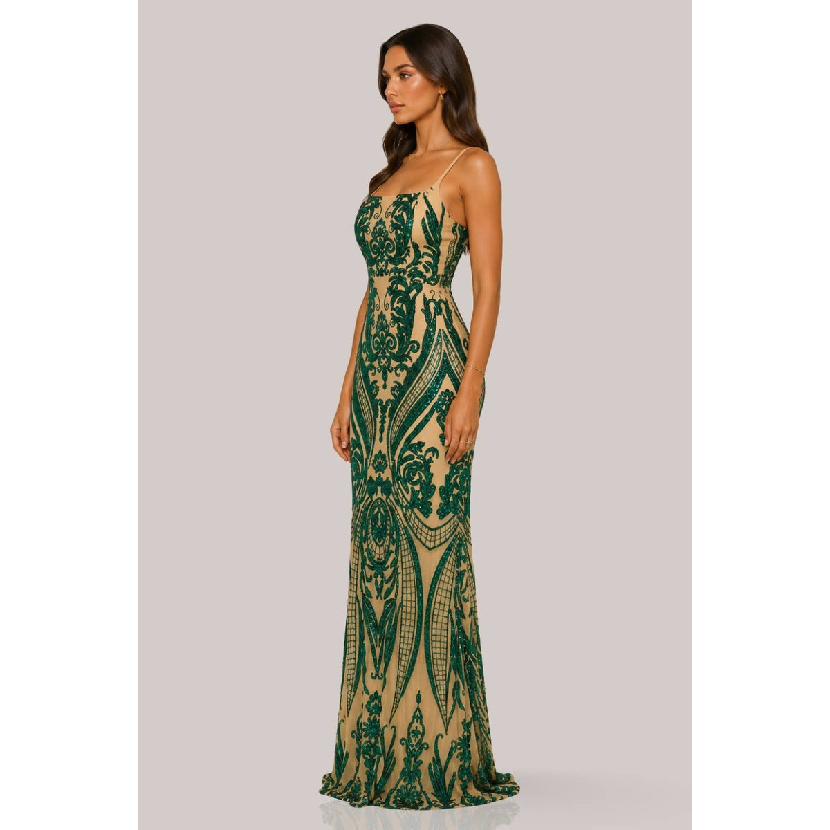 Women's hunter green art deco sequin square neck maxi dress – view 3