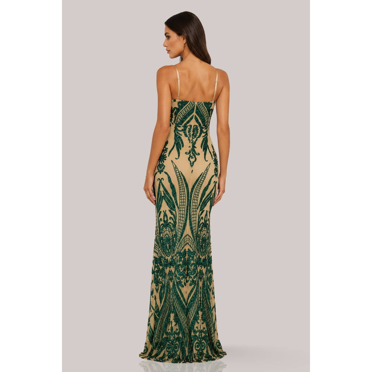 Women's hunter green art deco sequin square neck maxi dress – view 4