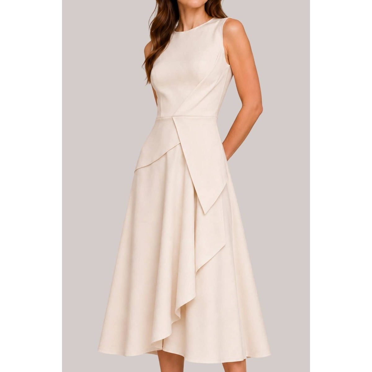 Women's ivory asymmetric pleated ruffle cascade midi dress – view 2