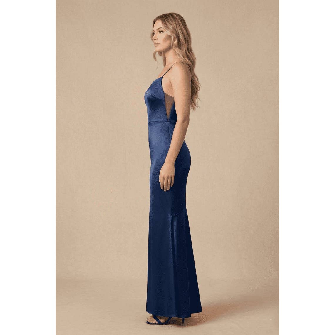 Women's navy asymmetric spaghetti strap satin mermaid maxi dress