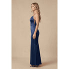 Women's navy asymmetric spaghetti strap satin mermaid maxi dress