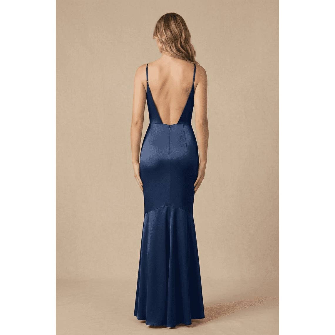 Women's navy asymmetric spaghetti strap satin mermaid maxi dress