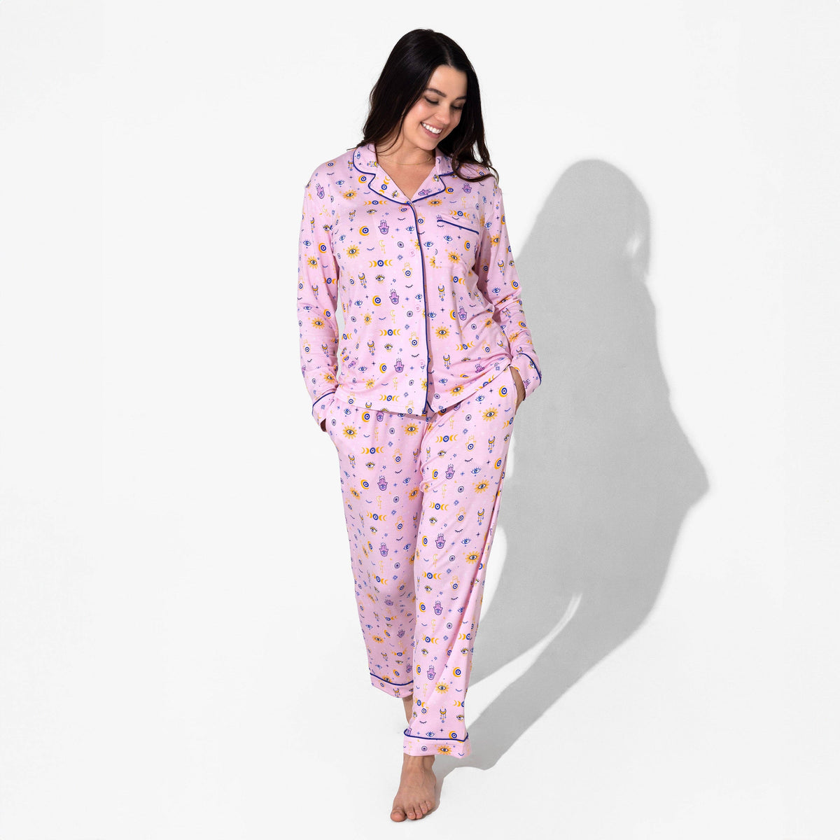 Women's pink eye print bamboo button-up pajama set