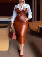 Women's belted lapel long sleeve midi shirt dress in black or brown – front view