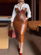 Women's belted lapel long sleeve midi shirt dress in black or brown – detail view