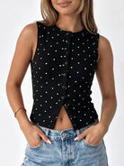 Women's Black Polka Dot Button-Front Sleeveless Top - front view