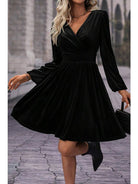 Women's Black Velvet Long-Sleeve Surplice Mini Dress - front view