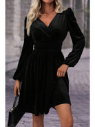 Women's Black Velvet Long-Sleeve Surplice Mini Dress - view 4