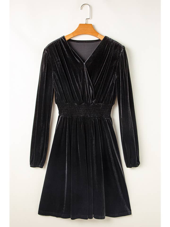 Women's Black Velvet Long-Sleeve Surplice Mini Dress - view 5
