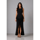 Women's black boat neck ruffle cascade high-low maxi gown