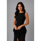 Women's black boat neck ruffle cascade high-low maxi gown – view 2