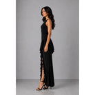 Women's black boat neck ruffle cascade high-low maxi gown – view 3