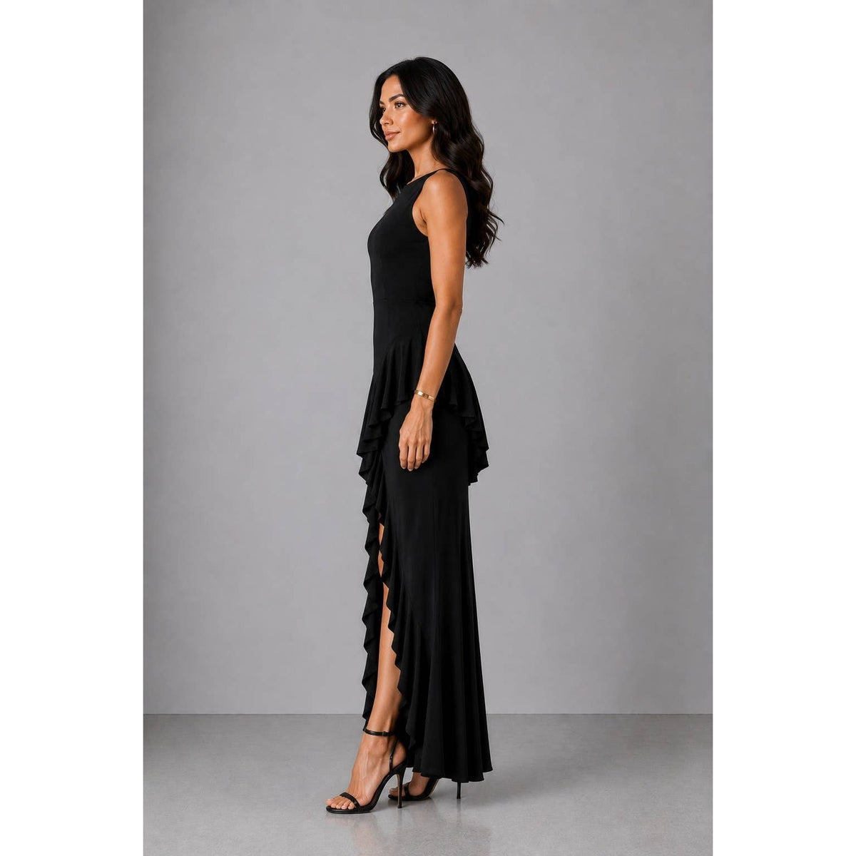 Women's black boat neck ruffle cascade high-low maxi gown – view 3