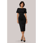 Women's black boat neck short sleeve ruched midi dress