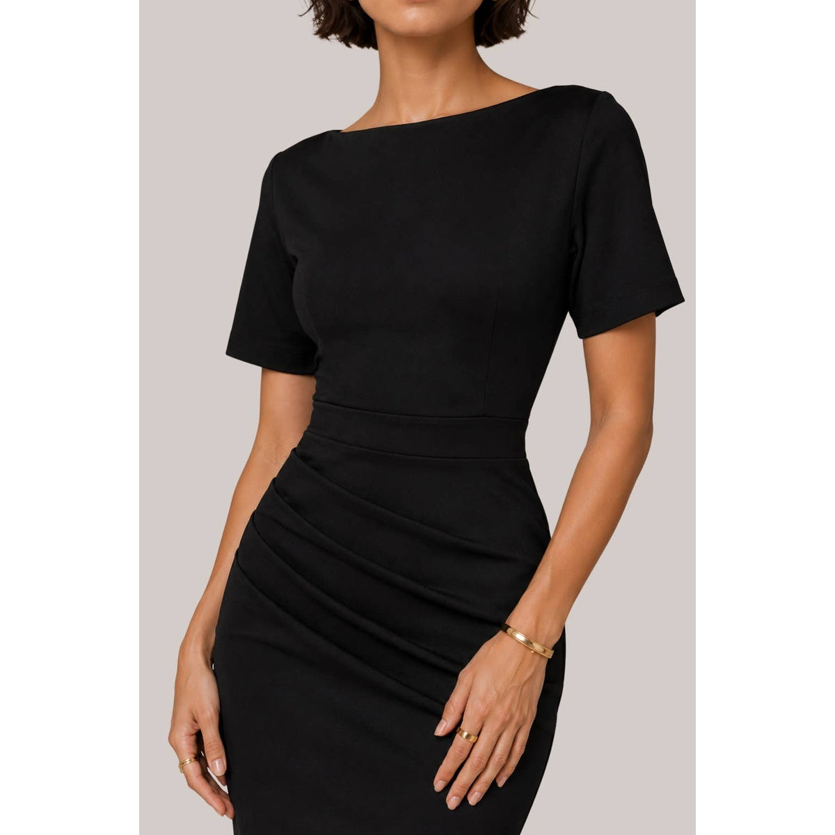 Women's black boat neck short sleeve ruched midi dress