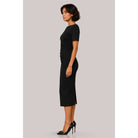 Women's black boat neck short sleeve ruched midi dress