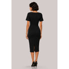 Women's black boat neck short sleeve ruched midi dress